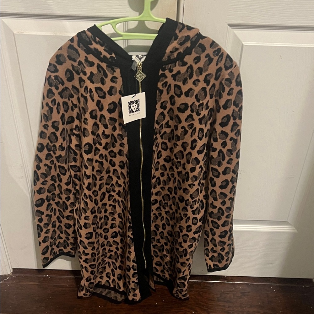 Anne Klein Black and Camel Patterned Zip Front Sweater/Jacket with hood Large